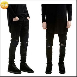 High Street Brand Pure Black Slim Pants Elastic Jeans Mens Slim Ripped Jeans 201111