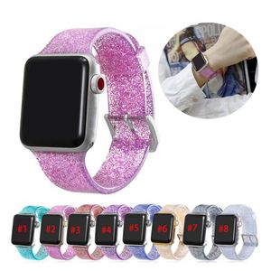 Glitter Silicone Watch-band för Apple Watch Series 7 6 5 SE 4 3 Rensa Jelly Watchband Iwatch Band 41mm 45mm 40mm 44mm 38mm 42mm Band Bling Armband Tillbehör