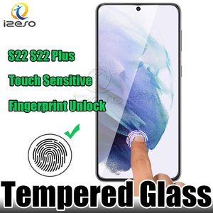 Para Samsung S24 S23 S22 Plus Desbloqueio de impressão digital Vidro temperado transparente de alta qualidade com cola completa anti-arranhões Filme protetor de tela frontal atacado izeso