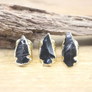 Wedding Rings Rough Obsidian Arrow Raw Black Stone Gems Resizable Band Ring Party Women Finger Jewelry Drop QC4130Wedding