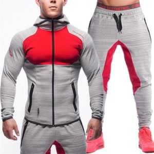 Herrsportdräkt Märke KLÄDER MEN TRACKSUPT ZIPPER SETTS Sweatshirt Muscle Men Hoodiespants Set Gym Running Suit 201128