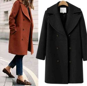 Elegante casaco de longa damas de trespassado de peito duplo 2021 Winter Women Wool Coats Casual Efeitos casuais Jaquetas de lã sobretudo T220714