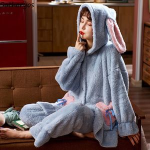 Pijama Setleri Kadınlar Uzun Kollu Kapşonlu Tatlı Güzel Nightwear Dents Kış kalınlaşan Flanel Yumuşak Ev Salonu Giyim Giyim Günlük Şık L220803