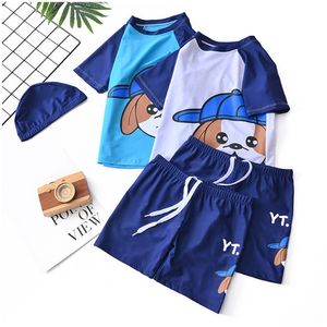 3pcs Set Children Boys Swimwear Cartoon Dog Printed Swimming Suit Short Sleeve O-neck T-shirt Tops and bathing Cap Beanie and Shorts Three Good Material