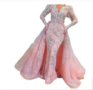 Pink Mermaid Evening Gowns Women Party Dress Full Lace Beading Feather Prom Dresses Long Sleeves High Neck Robe De