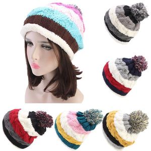 Beanie/Skull Caps Kvinnor Stickad virkning Cap Multi-färg Stripe Korean Casual Thick Warm Wint Winter Beanie Pile Ski Soft Chemo Hat Bonnet Scot22