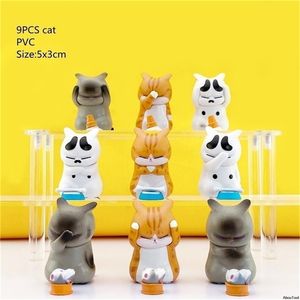 9 pezzi di gatto in difficoltà Desktop Decoration Accessori per auto Desktop Modello Miniatura Statuette Figurina Figure di decorazione per la casa Dolca 220406