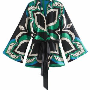 TRAF Women Fashion With Belt Printed Wrap Kimono Blouses Vintage Three Quarter Sleeve Female Shirts Chic Tops 220407