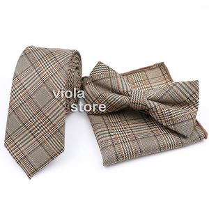 Bow Ties Striped Plaid Classic Wool 6cm Skinny Tie Bowtie Hanky ​​Set Brown Navy Grey Men Fit Office Daily Party Cravat Accessory Giftbow
