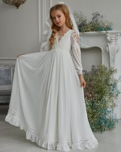 Abito da ragazza di fiori in chiffon 2022 con velo A-Line maniche lunghe Compleanno per bambini Abito da festa formale Neonato Lunghezza al pavimento Prima comunione Battesimo Boho Matrimonio