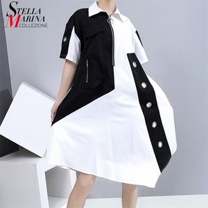 New Unique Style Women Summer Shirt Dress Zipper & Pocket Patchwork Plus Size Lady Loose Fit Midi Casual Dresses 6255 210320