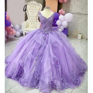 Lavendel lila quinceanera klänningar pärlstav ruffles födelsedag prom klänningar saknar söta 16 klänningar vestidos de 15 anos