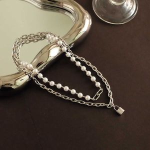 Wholesale long layered pearl necklace resale online - Super Seiko light luxury t home lock head pearl necklace long double layer sweater chain personalized clavicle Star Fashion