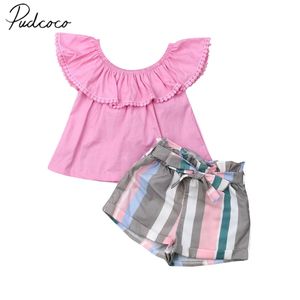 Baby Summer Clothing Fashion Toddler Girl Kid Ubrania odkłada bluzki na ramię kolorowe spodnie w paski stroje zestawu 1 6y 220620