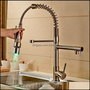 Wholesale And Retail Brushed Nickel Kitchen Faucet Swivel Spouts Led Sprayer Deck Mounted Vessel Sink Mixer Tap Drop Delivery 2021 Faucets F