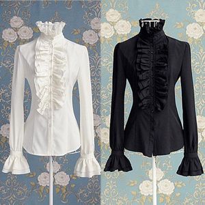 Märke Victorian Womens Office Lady Shirt High Neck Frilly Ruffle Cuffs Top Long Sleeve Solid Crop Summer Chfion Blus Kvinnors Blusar SH
