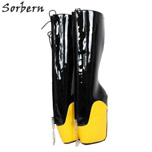 Sorbern Fetish Woman Wedge Heelless Boots Plus Size Lockable Zipper Exotic Heels Crossdresser Platform Womens Knee High Boots