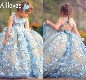 Fabulous Light Niebo Niebieska Mały Dziewczyna Suknie Klejnot Neck Bez Rękawów Puszyste Dziewczyny Formalne Suknie Wróżki 3d Kwiatowe Koronki Aplikacje Kwiat Dresses CL0197