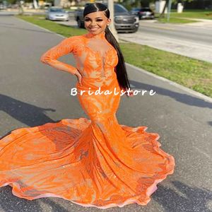 Plus Size Orange Sequin Prom Dress For Black Girl 2022 High Neck Long Sleeve Mermaid Evening Dresses African Nigerian Party Gown Elegant Women Formal Wear Skirt