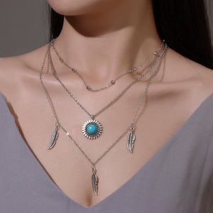 Hänge halsband etnisk stil flerskikts turkos halsband mode retro tre-lagers sol blomma blad boho smycken gåva kvinnlig beroende