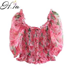 Hsa Blouses Women Ruffles Floral French Slash Neck Floral Elastic Woman Crop Top Vintage Stretch Chiffon Femme Blusas Beach Tops 210716