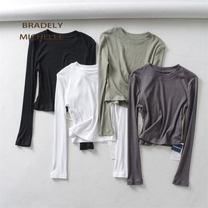 Bradely Michelle Summer Sexy Women O-Neck Long-Sleeve T-shirt Slim Elastic Cotton Crop Tops 210311