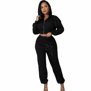 Women's Two Piece Pants Tracksuit Women Set Zipper Crop Tops And Pant Suits Outfits Spring Fashion Patchwork Safari Style Overall Matching