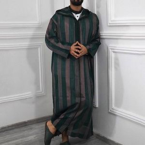 Этническая одежда Мода Jubba Thobe Мужчины Абая Мусульманские Полосатые Халаты с Капюшоном Дубай Арабский Кафтан Исламский Камис Арабское Турецкое Платье Блузка Платье