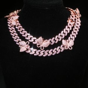 Commercio all'ingrosso ciondolo collana farfalla animale rosa ghiacciato 12mm catena cubana colore oro rosa zircone cubico donna gioielli hip hop rock