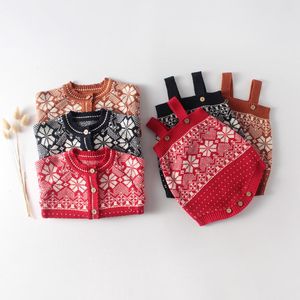 Clothing Sets 2022 Xmas 0-24M Toddler Boy Girl Fall Clothes Sweaters Sweet Snowflake Jacquard Long Sleeve Cardigan Coats/Suspenders Romper 1