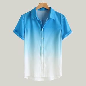 Mäns casual skjortor Sommarmän korta ärm Hawaiian skjorta gradient färg bomullslinne tunn krage andningsbara coola skjortor