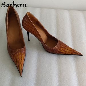 Sorbern Brown Alligator Ladies Pump Shoe 10Cm Metal High Heel Size 37 Pointed Toe Stilettos Heels Italy Shoes Custom Colors