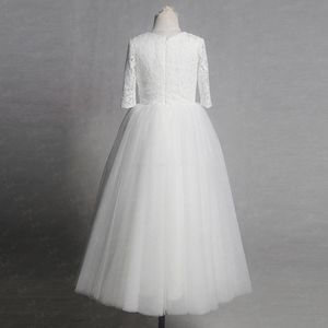 Flickans klänningar White A-Line Flower Girl Dress Wedding Party Lace Top Tulle Half Sleeve Girls First Communion Dressgirl's