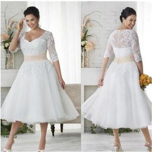 Vintage Tea Length Western Country Wedding Dresses 2022 Scooped Neck Lace Appliques Plus Size Bridal Gowns Vestidos De Novia Cheap