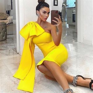High Quality Blue Orange Runway Bownot One Shoulder Long Sleeve Rayon Bandage Dress Cocktail Party Bodycon Dress Vestidos 220316