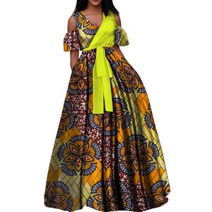 Vestidos De Cera Da Forma venda por atacado-Vestidos de estampa de cera africana da moda para mulheres Bazin Riche algodão V decote em V
