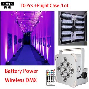 플라이 케이스가 포함 된 10xlot 새로운 디자인 9x18W RGBWAUV 6 in1 배터리 작동 무선 DMX LED 단계 LED 플랫 파 uplight