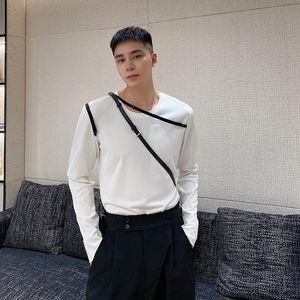 Men's T-Shirts Tshirts Men's Long Sleeve Strap Slim Fit Black White T-shirt Male Streetwear Fashion Tops Tees ShirtsMen's