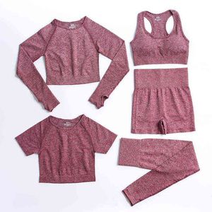 Women Sportswear Yoga Set Sport Gym Legging Seamless Fitness Bra Crop Top Long Sleeve Suit Athletic Wear J220706