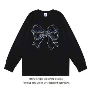 Moishe Tide European and American Fashion Br Bow Print Round Neck Sweater for Men Women Loose Ins Hip-hop Couple Jacket