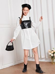 Einreihiges Hemdkleid für Teenager-Mädchen mit Trägershirt aus PU-Leder