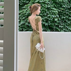 Elegant Women Green Satin Backless Mixi Dress Short Sleeve Lace VNeck Bandage Vintage Bodycon Dress Robe Summer Vestidos 220611