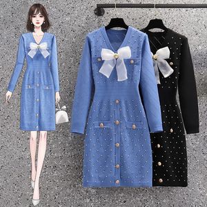 Casual Dresses Black Blue Sweet Bow Bead Knitted Plus Large Size Oversize Korean Fashion Kawaii Women'S Elegant Autumn 2022 Clothing