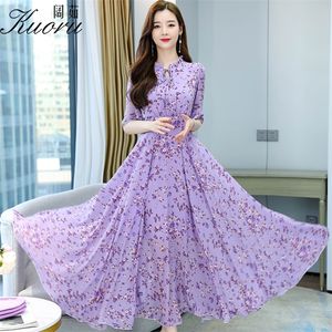 Chiffon Beach Purple Dress Floral Tunics Long Women Dresses Summer Elegant Yellow Ruffle Casual Short Sleeve Party Maxi 220516