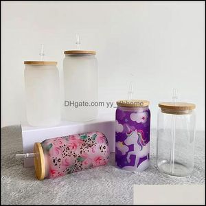 Tumblers Drinkware Kitchen Dining Bar Home Garden Ll Sublimation 12Oz Glass Can Tumbler With Bamboo Lid Mason Bottle Reusable Str Dhbi7