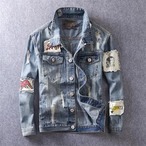 Recém -Autumn High Street Fashion Men Jacket Retro Blue Color Patch Design Impresso Jaqueta jeans Hombre Hip Hop Coat Men Outwear T200502