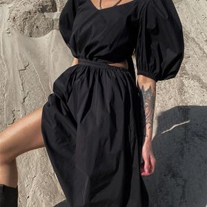 Mulheres clacives de verão de manga curta vestido preto elegante cintura alta midi es sexy hollow out fêmea sem costas 220704