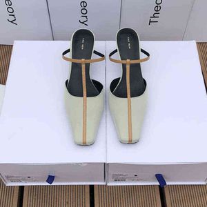 The Row and Shoes Shoes Spring Shop Summer 2022 Novo Minimalista Couro Baotou Sandálias de salto alto Sandálias French Muller Shoes Mulheres 3x8z