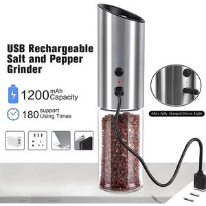 Electric Automatic Mill Pepper Salt Grinder USB Rechargeable Wireless Peper Spice Grain Mills Porcelain Core Mill Kitchen Tools 220812