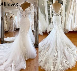 Plus Size Lace Mermaid Wedding Dress With Long Sleeves Sexy V Neck Backless Bridal Gowns Court Train Illusion Appliqued Tulle Skirt Vestidos De Novia Arabic CL0314